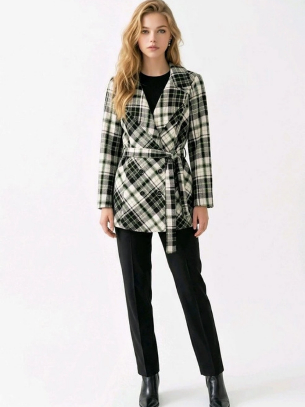 Heart Soul XLG Plaid Belted Wool Blend Coat Black Cream Green